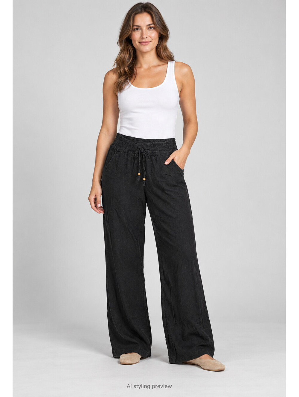 Women's Black Wide Leg Pants Smocked Elastic Waist Beaded Drawstring Casual Boho